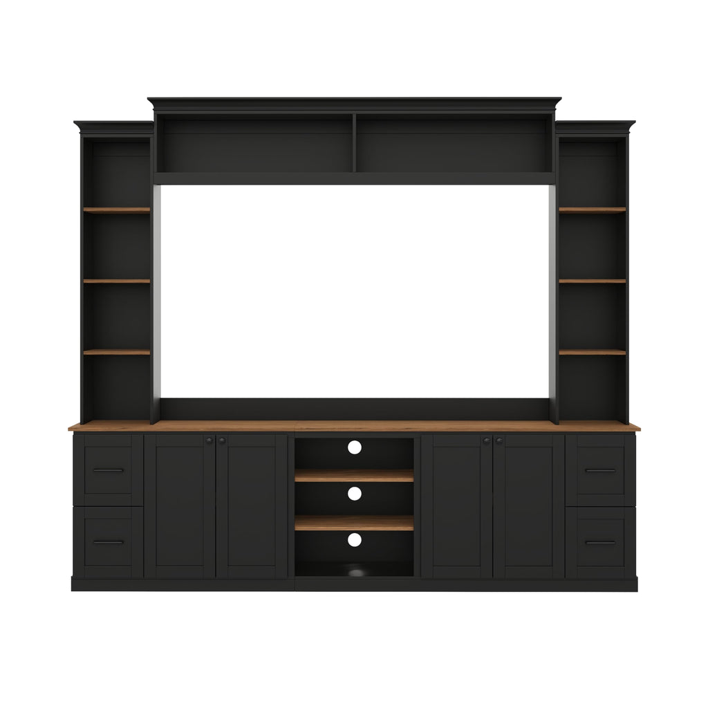 Ball & Cast 94.8" Entertainment Center Wall Unit with Bookshelf for TVs Up to 70",Farmhouse Large TV Stand with Walnut Adjustable Shelves,Retro Media Console with 4 Drawers for Living Room,Black