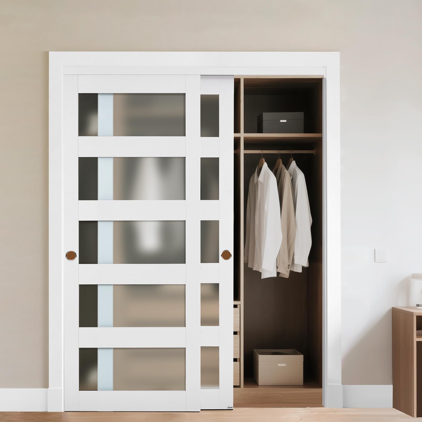 VEVOR Sliding Closet Door, 60" (Double 31") x 80", 5-Lite Frosted Glass with Hardware Kit & Floor Guide, Solid Wood & MDF Slab with Waterproof PVC Surface, Pre-Drilled Doors Panel, Need to Assemble