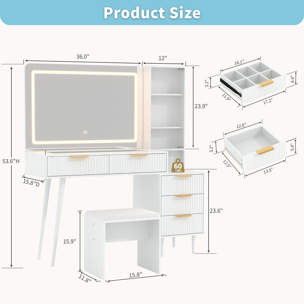 GarveeHome Fluted Vanity Desk with Mirror and Lights, 48" Large Makeup Vanity with Glass Top, 3 Modes LED Lighting with Adjustable Brightness, Dressing Table with Charging Station and Stool, White