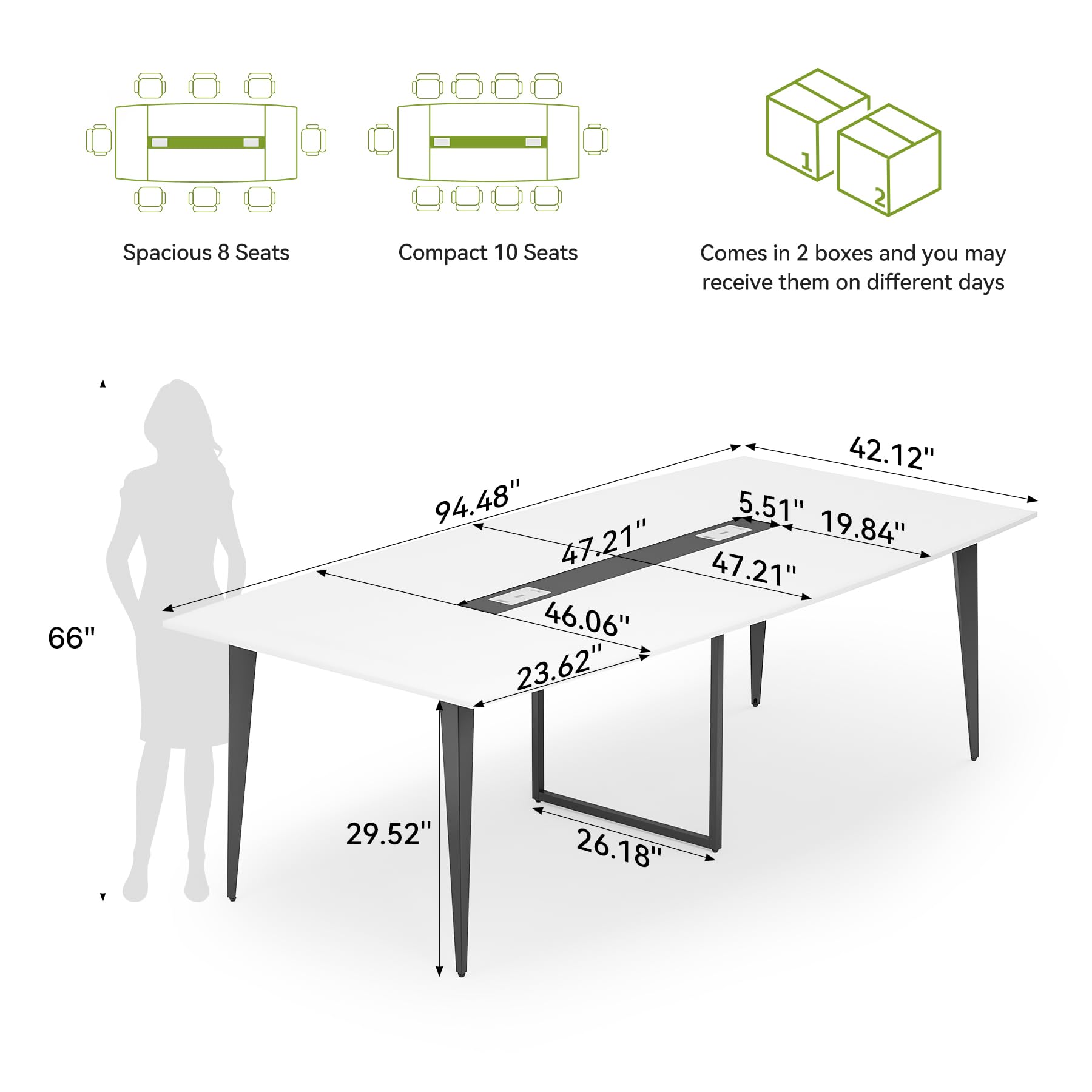 LITTLE TREE 8FT Conference Room Table, 94.48L x 47.21W x 29.52H Boat Shaped Meeting Table, White&Black