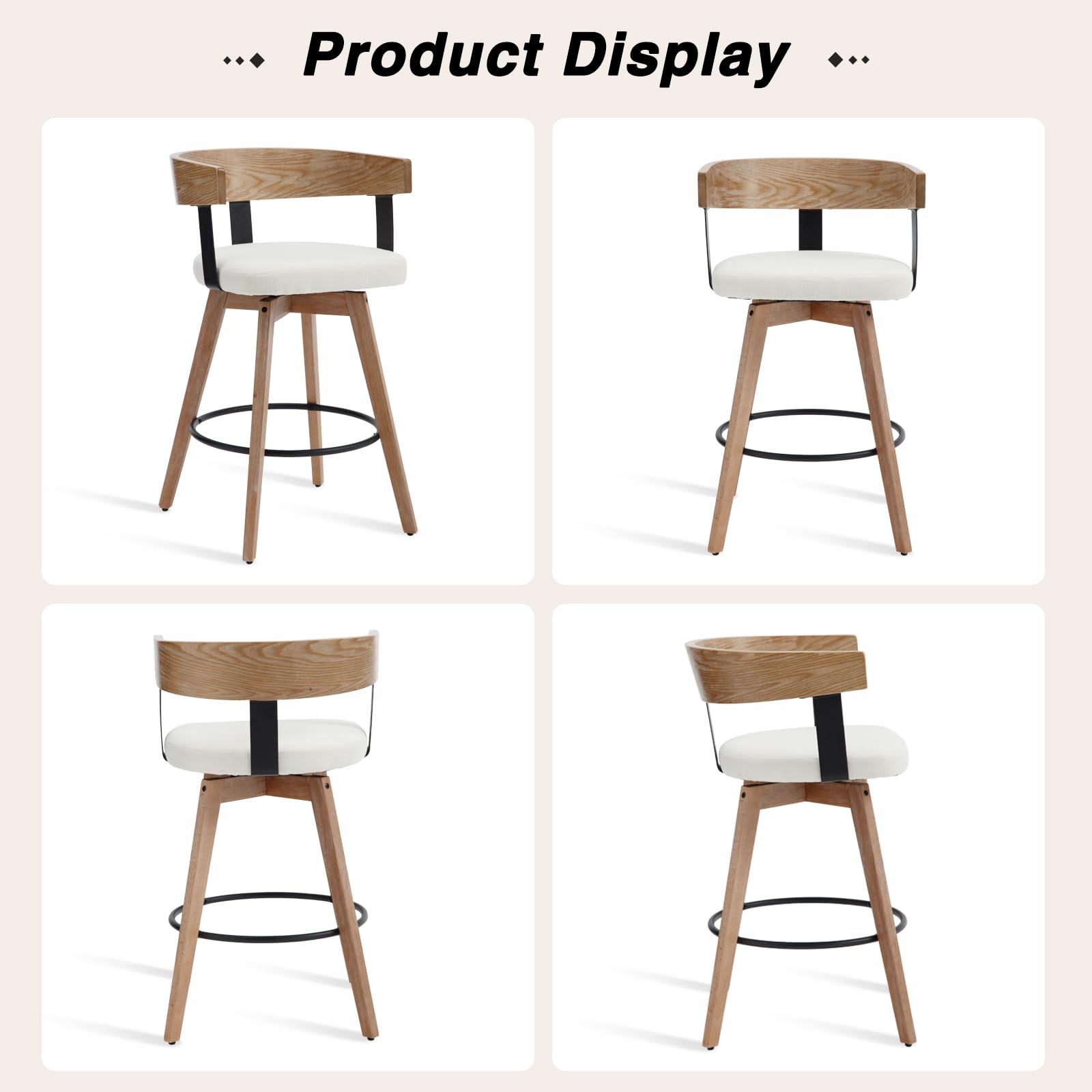 DUOMAY Swivel Bar Stools Set of 2, 26" Counter Height Bar Stool with Footrest Modern Wood Barstools with Linen Upholstered Seat Counter Stools for Kitchen Island Home Bar, White