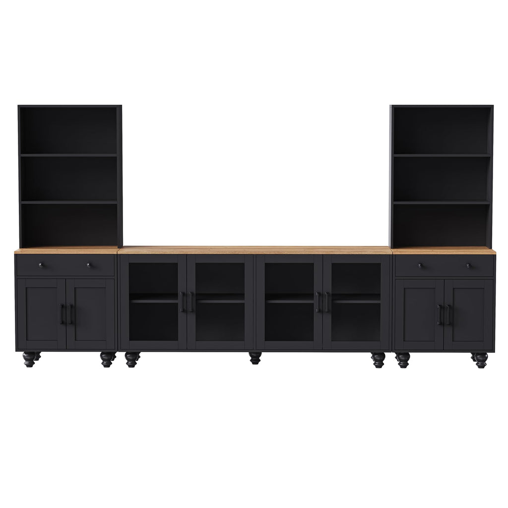 Farmhouse TV Stand with Tempered Glass Doors for TVs Up to 70", Versatile Sideboard with Adjustable Shelves, Elegant Buffet Cabinet with 5 Solid Wood Gourd-Shaped Legs for Living Room, Black