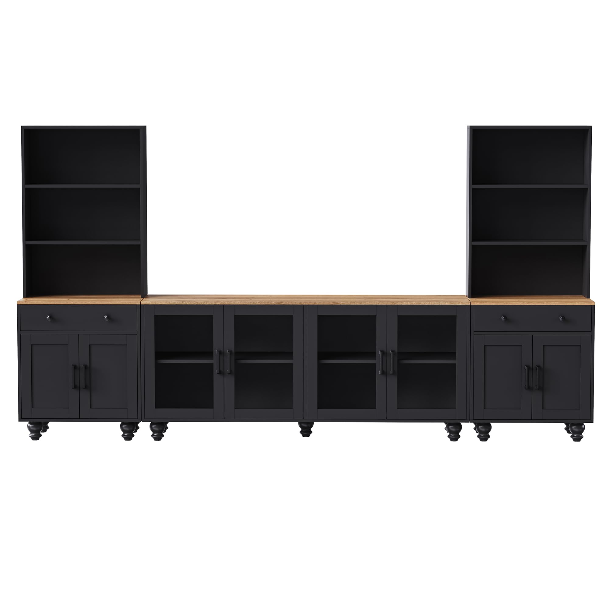 Farmhouse TV Stand with Tempered Glass Doors for TVs Up to 70", Versatile Sideboard with Adjustable Shelves, Elegant Buffet Cabinet with 5 Solid Wood Gourd-Shaped Legs for Living Room, Black