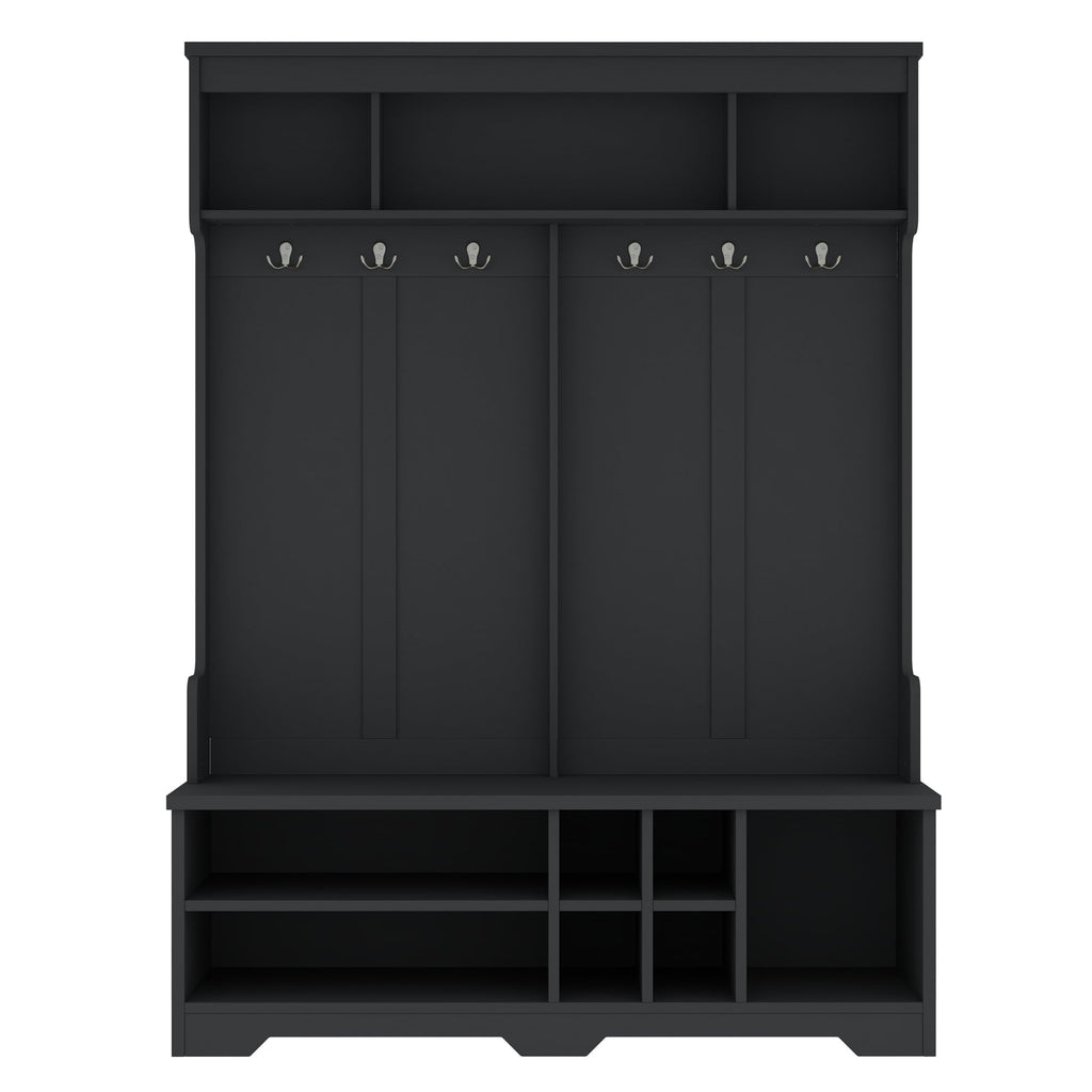 Ball & Cast 59.1" Hall Tree with Bench and Shoe Storage,3-in-1 Entryway Cabinet with Metal Hooks,Modern Coat Rack with Shoe Cubbies for Mudroom,Living Room,Hallway,Black