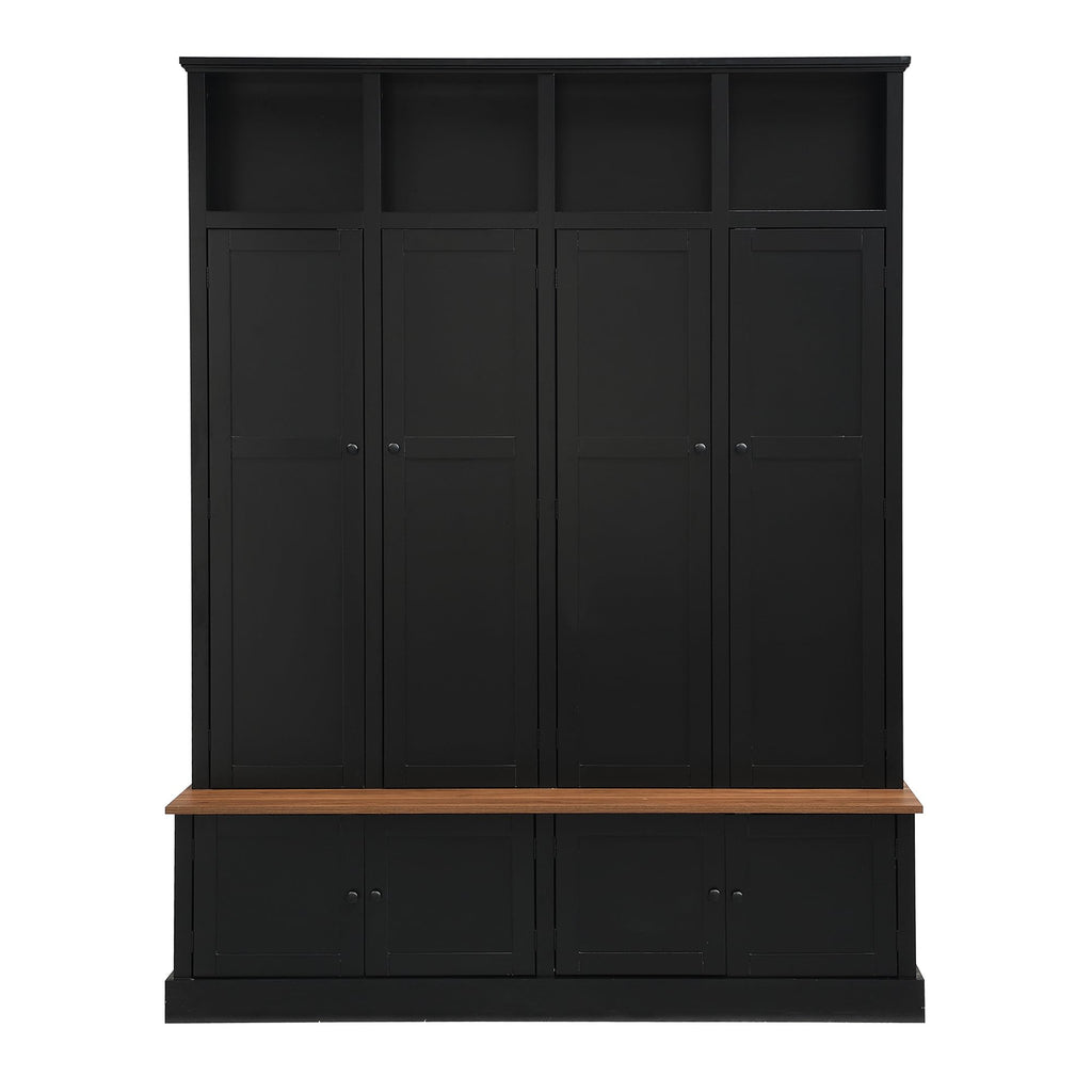 Shaical Hall Tree with Bench and Shoe Storage, 4-in-1 Entryway Bench with Coat Rack & Cabinets, Open Cubbies 4 Hooks, 76.7" H Wooden Storage Organizer for Hallway, Mudroom, Entrance, Black