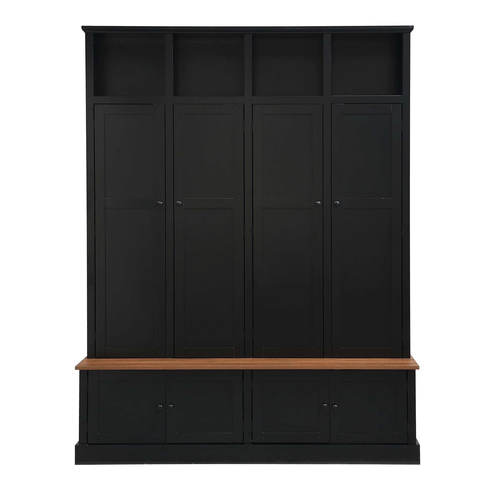 Shaical Hall Tree with Bench and Shoe Storage, 4-in-1 Entryway Bench with Coat Rack & Cabinets, Open Cubbies 4 Hooks, 76.7" H Wooden Storage Organizer for Hallway, Mudroom, Entrance, Black