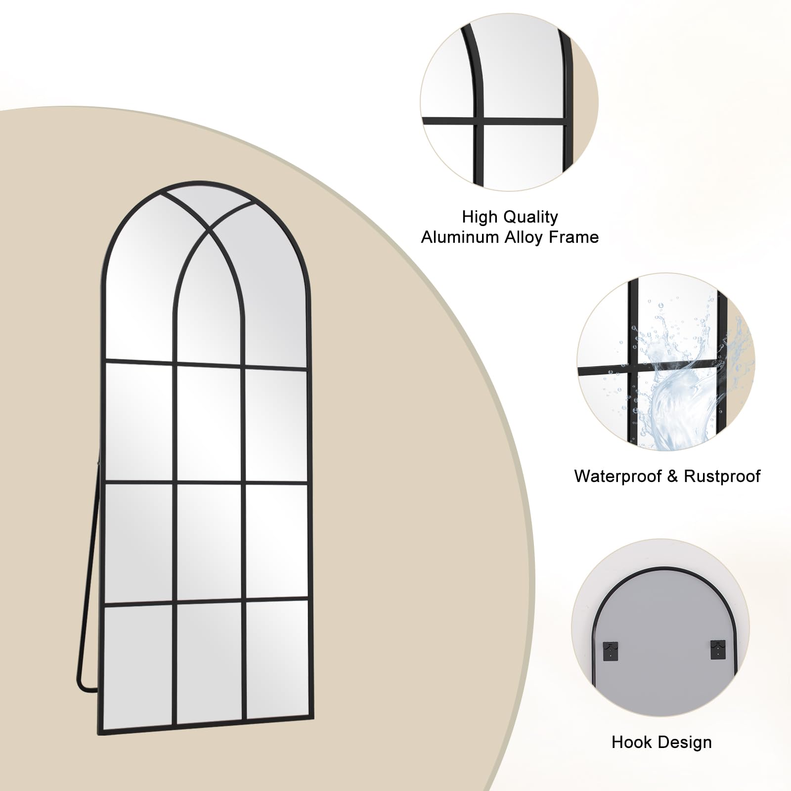 Arched Window pane Full Length Mirror 24"x65", Full Body Standing Mirror, Window Shaped Farmhouse Style with Aluminum Frame, Decor Wall Mirrors for Living Room, Courtyard, Bedroom, Entryway, Black