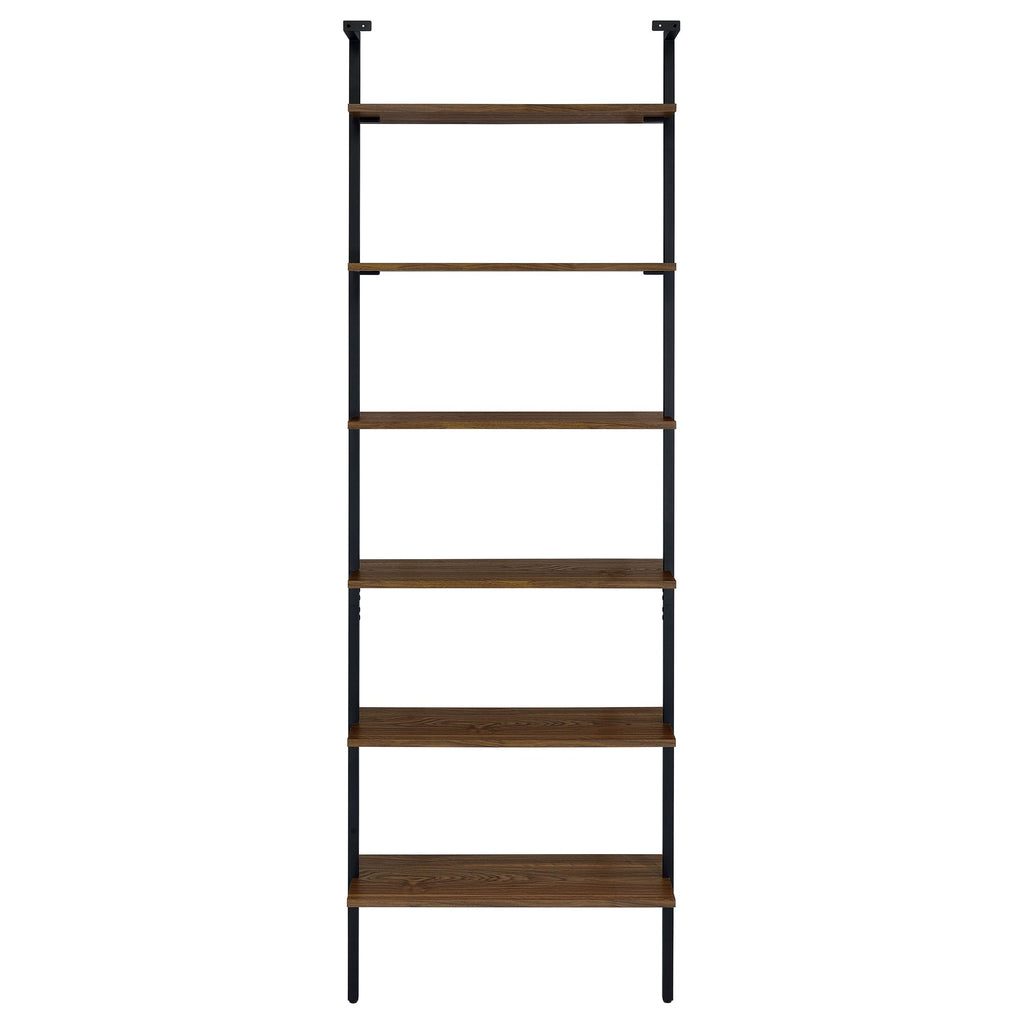 Coaster Home Furnishings - Owens - Wood and Metal - 6-Shelf Wall Mounted Bookshelf with Ladder Design and Transitional Style - Home Office & Living Room - 96-Inch - Walnut & Black - 980072