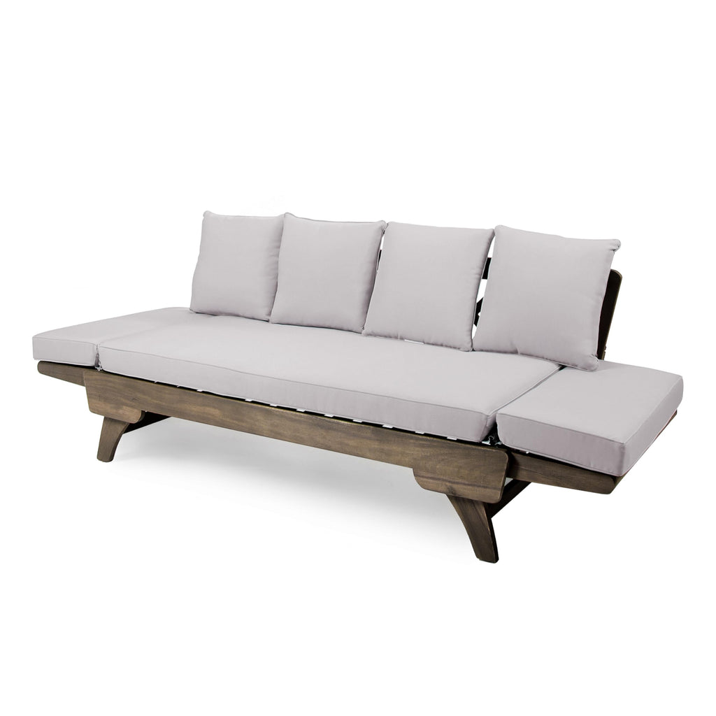 Christopher Knight Home Gary Patio Convertible Couch, Wooden Outdoor Daybed, 3-Seater Acacia Wood Patio Furniture Lounge Sofa for Backyard/Poolside/Garden, Back Pillow+Removable Cushion, Grey