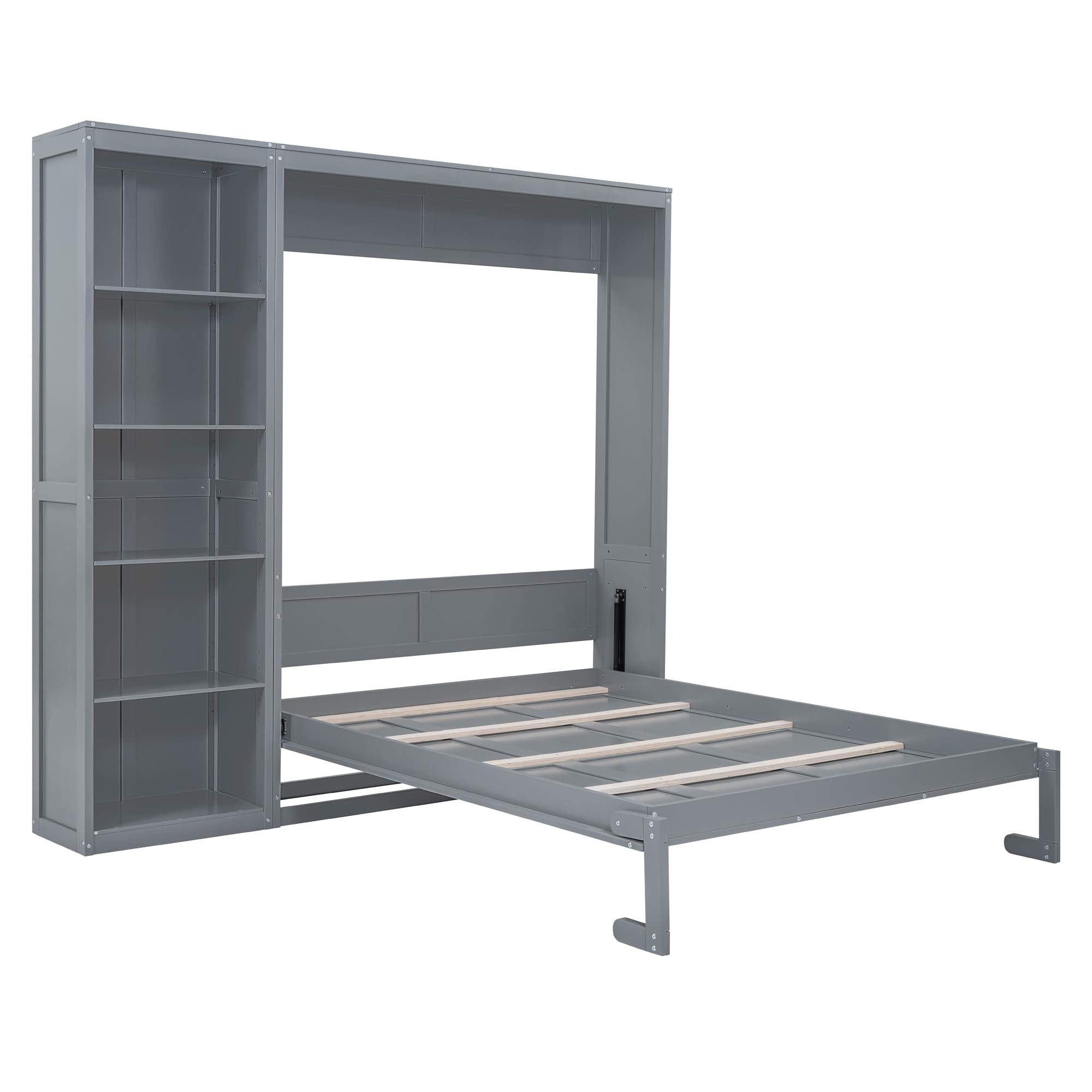 Merax Space-Saving Gray Murphy Bed Queen Size with Adjustable Storage Shelves, Multifunctional Foldable Wall Bed for Small Spaces Studio Study Office Guest Room