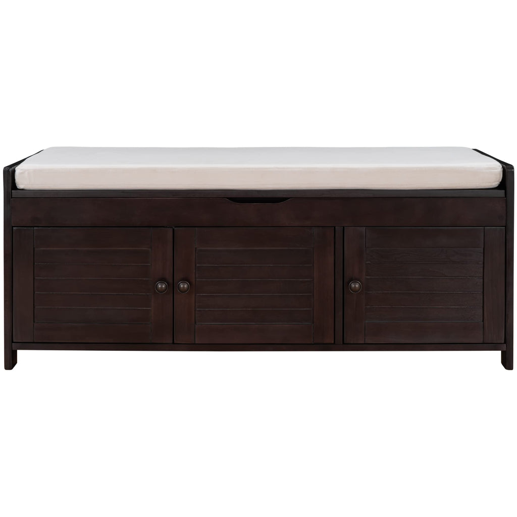 Jintop Wood Storage Bench 3 Shutter-Shaped Doors,Multifunction Shoebox,W/ 2 Size and Removable Cushion & Hidden Savings Space,for Entryway,Bedroom,Living Room,Espresso, 43.5"