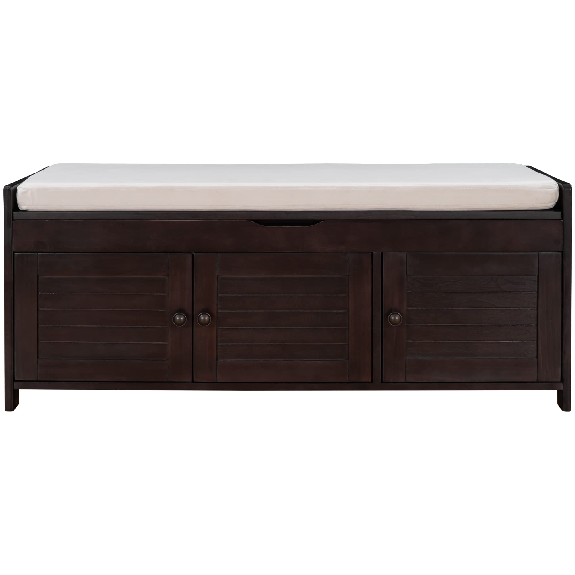 Jintop Wood Storage Bench 3 Shutter-Shaped Doors,Multifunction Shoebox,W/ 2 Size and Removable Cushion & Hidden Savings Space,for Entryway,Bedroom,Living Room,Espresso, 43.5"