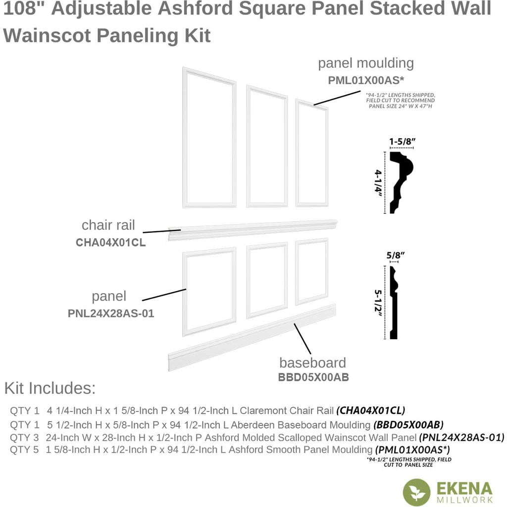 94 1/2"L (Adjustable 108"H to 132"H) Ashford Square Panel Stacked Wall Wainscot Paneling Kit