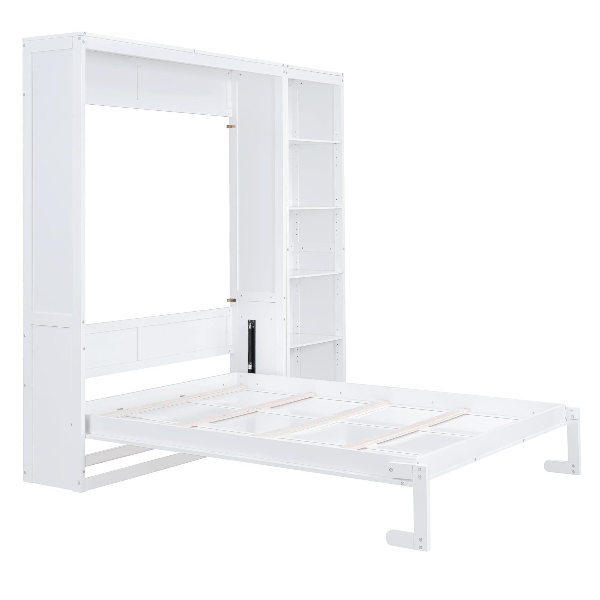GDFStudio Veatch Wooden Frame Queen Size Bed, Queen Size Murphy Bed with Shelves, Folding Wall Beds with 5 Storage Cabinets, Space Saving, Folded into Cabinet for Guest Room Living Bedroom, White