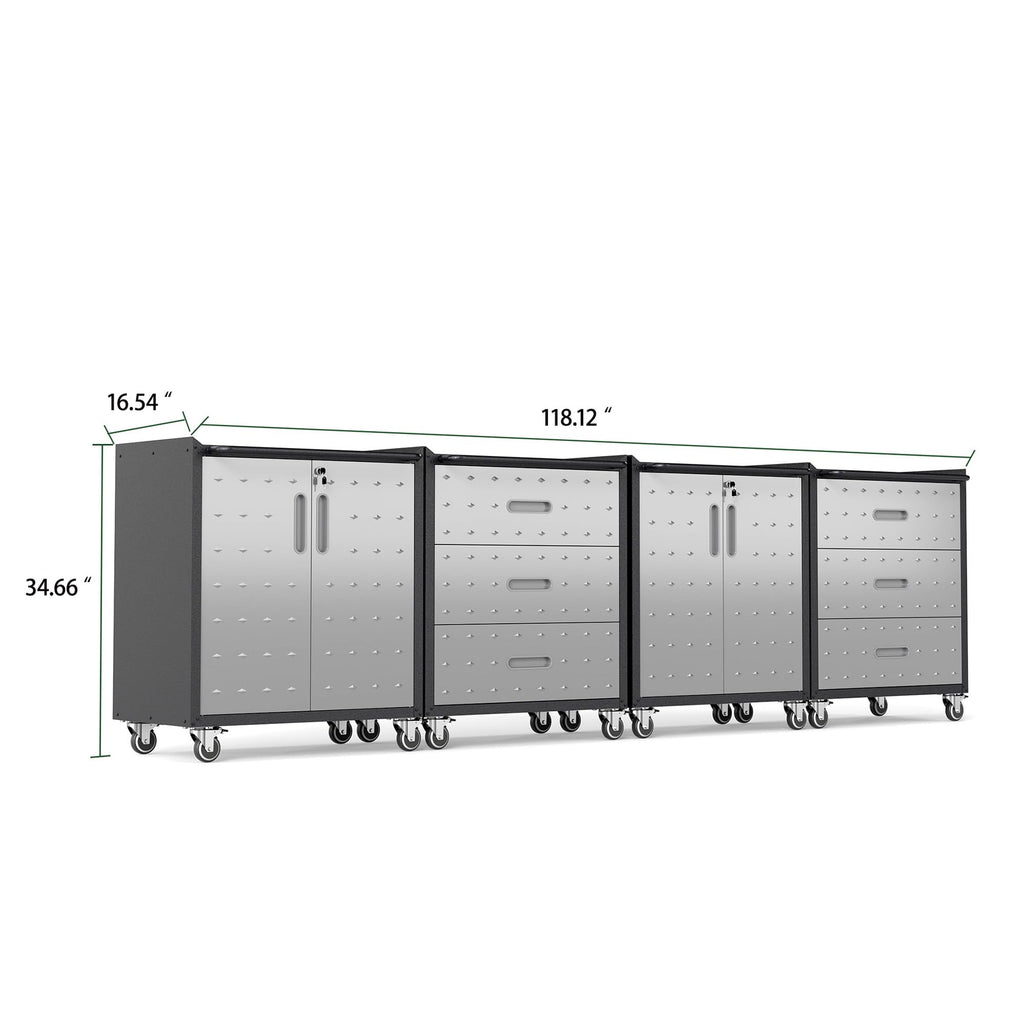 VIYET 4-Pack Rolling Garage Tool Cabinet,Heavy Duty Steel Rolling Tool Chest with Lockable Doors & Adjustable Shelves,Mobile Workshop Storage Cart for Garage Organization,Black/Grey