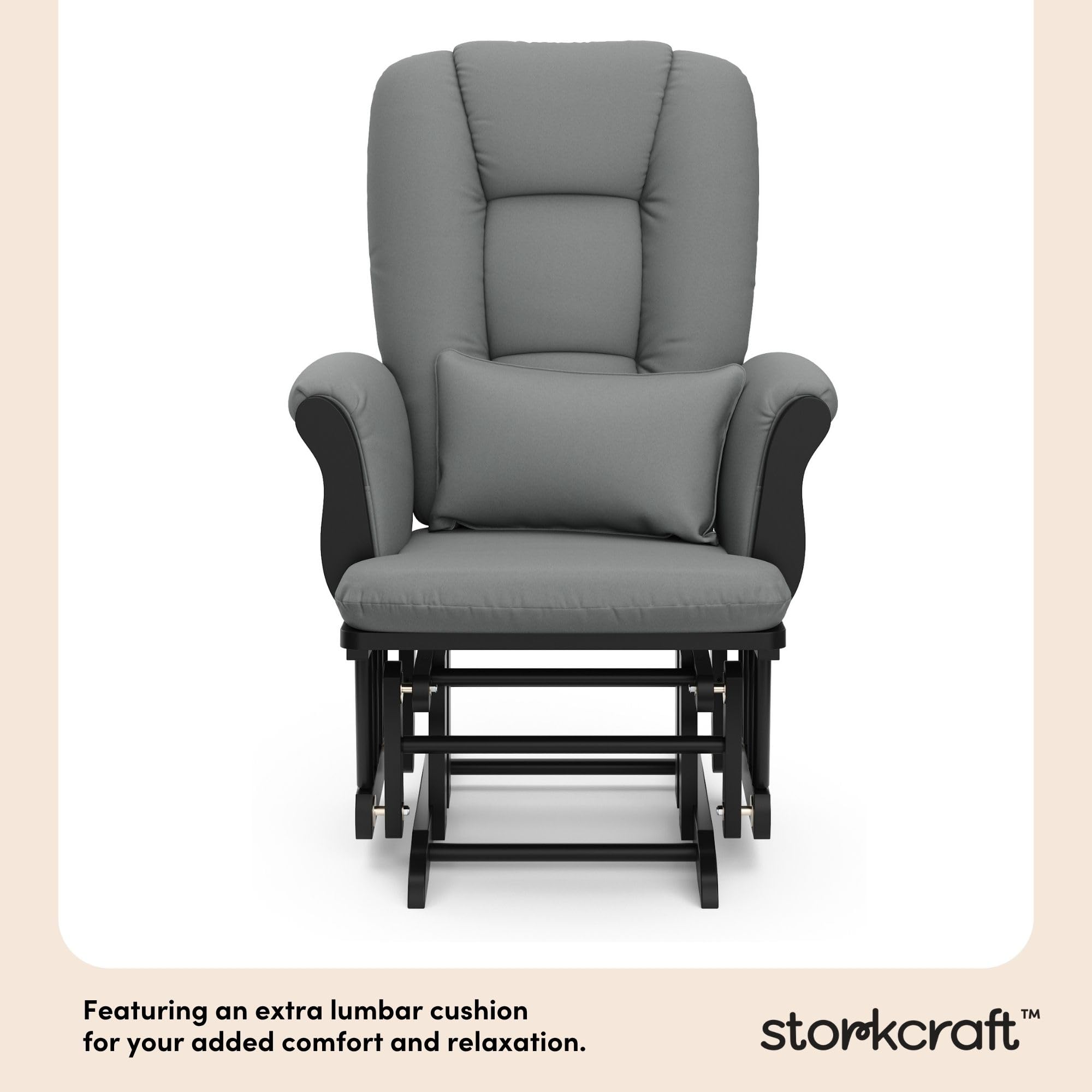Storkcraft Tuscany Glider with Ottoman (Black/Gray) — GREENGUARD Gold Certified, Bonus Lumbar Cushion Included, Solid Wood Base, Smooth Motion, Award-Winning Nursery Rocking Chair, Glider and Ottoman