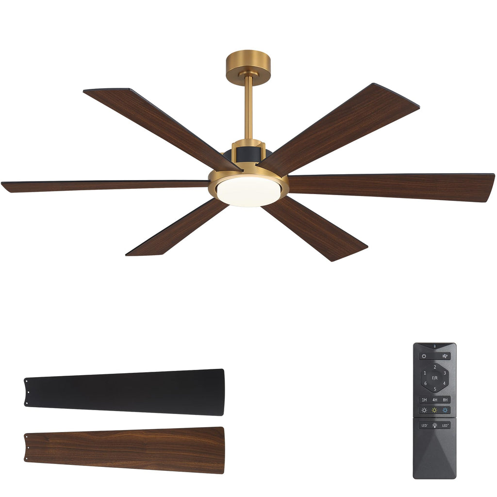 WINGBO 60 Inch Ceiling Fan with Light - 6 Plywood Blades, 6-Speed Reversible DC Motor, Noiseless Remote Control Ceiling Fans with Lights for Bedroom Living Room Kitchen, Gold and Walnut/Black