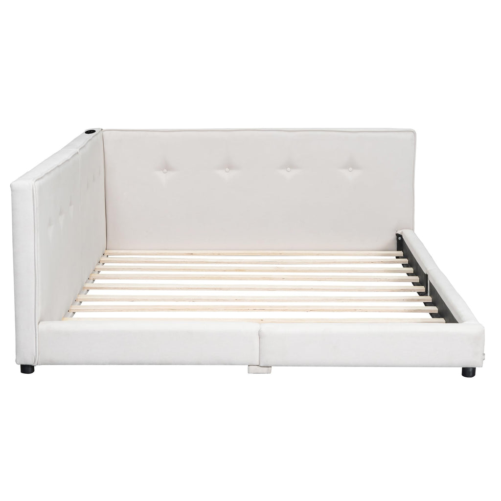Merax Queen Size Modern Upholstered Platform Bed with USB Ports, Floor Daybed with Wood Slat Support/Queen,Beige