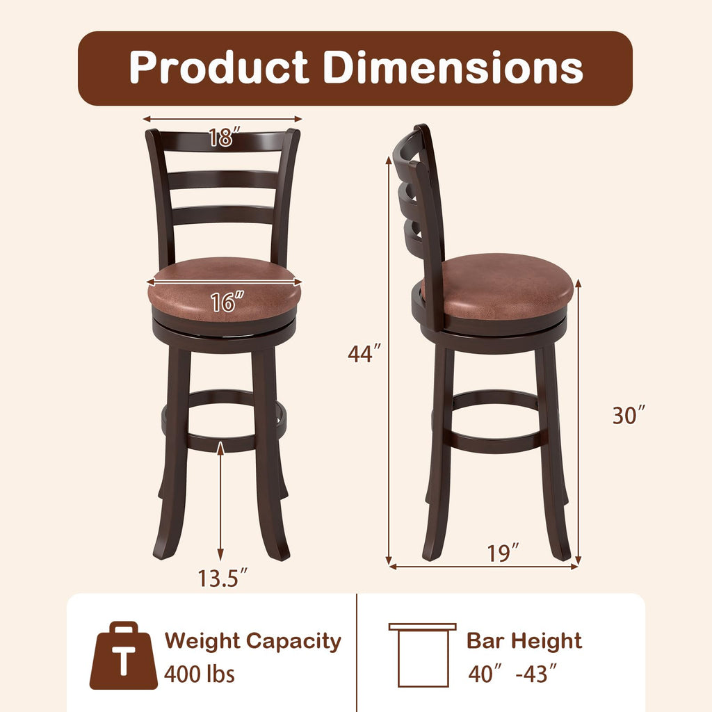 Giantex Swivel Bar Stools Set of 4, 30" Upholstered Counter Height Bar Chairs w/High Backrest, Faux Leather Seat, Solid Rubber Frame & Wrap-Around Footrest, Wooden Barstools for Kitchen Island, Pub