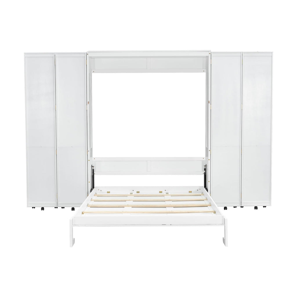 Merax Queen Size Murphy Bed with with 5-Tier Storage Shelves, Wooden Wall Bed Cabinet with Storage Doors, Foldable Platform Bedframe with Hydraulic Lift System for Guest Room and Bedroom