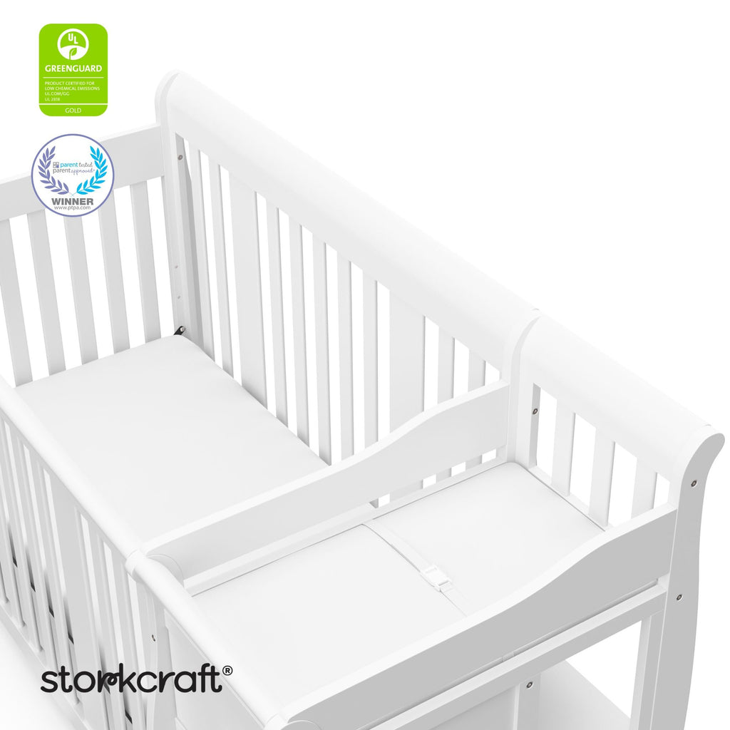 Storkcraft Portofino 5-in-1 Convertible Crib and Changer – Crib and Changing Table Combo with Drawer, Converts to Toddler Bed, Daybed and Full-Size Bed, Storage Drawer (White)