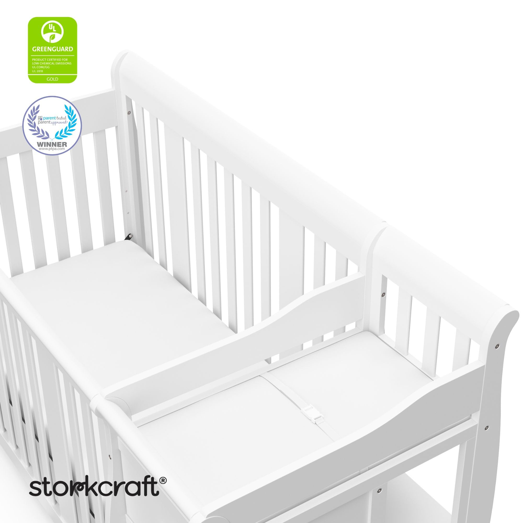 Storkcraft Portofino 5-in-1 Convertible Crib and Changer – Crib and Changing Table Combo with Drawer, Converts to Toddler Bed, Daybed and Full-Size Bed, Storage Drawer (White)