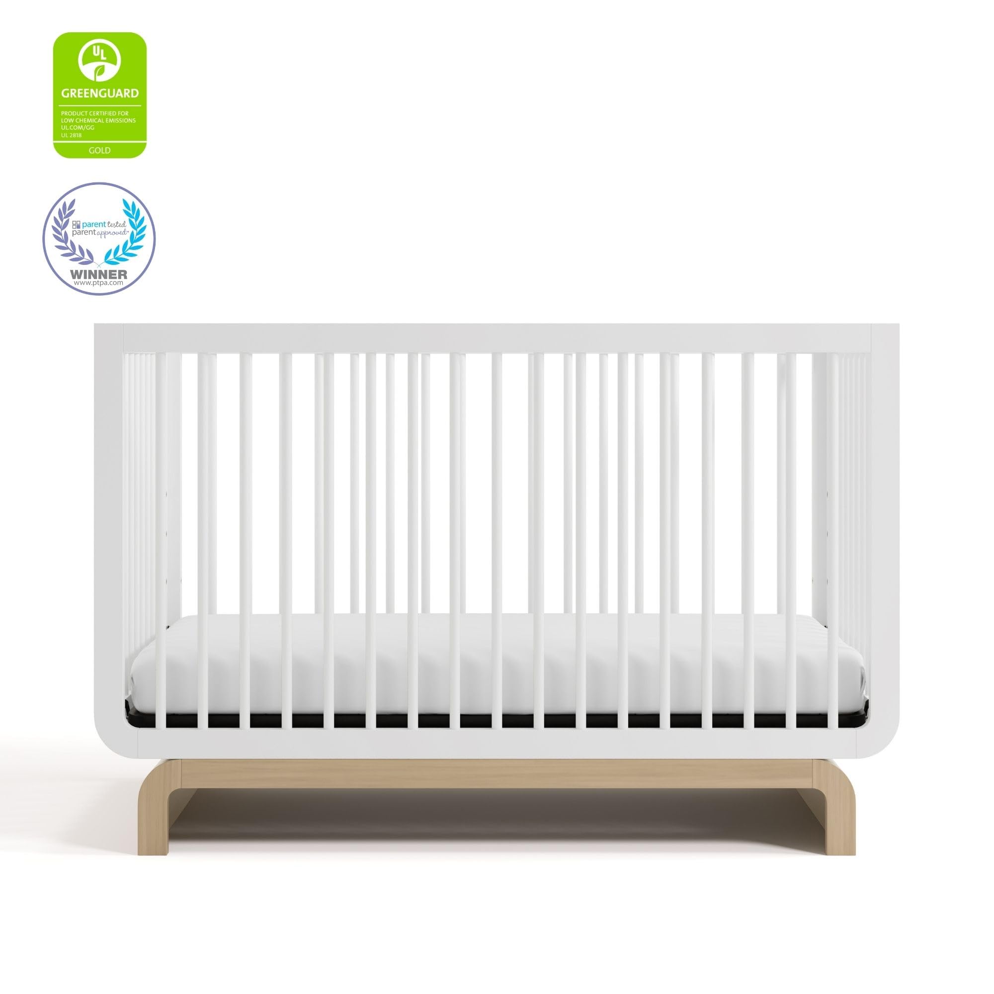 Storkcraft Santorini 5-in-1 Convertible Crib with Toddler Guardrail – GREENGUARD Gold Certified, Conversion Kit Included, 100% Solid Wood, Fits Standard Crib Mattress (White and Driftwood)