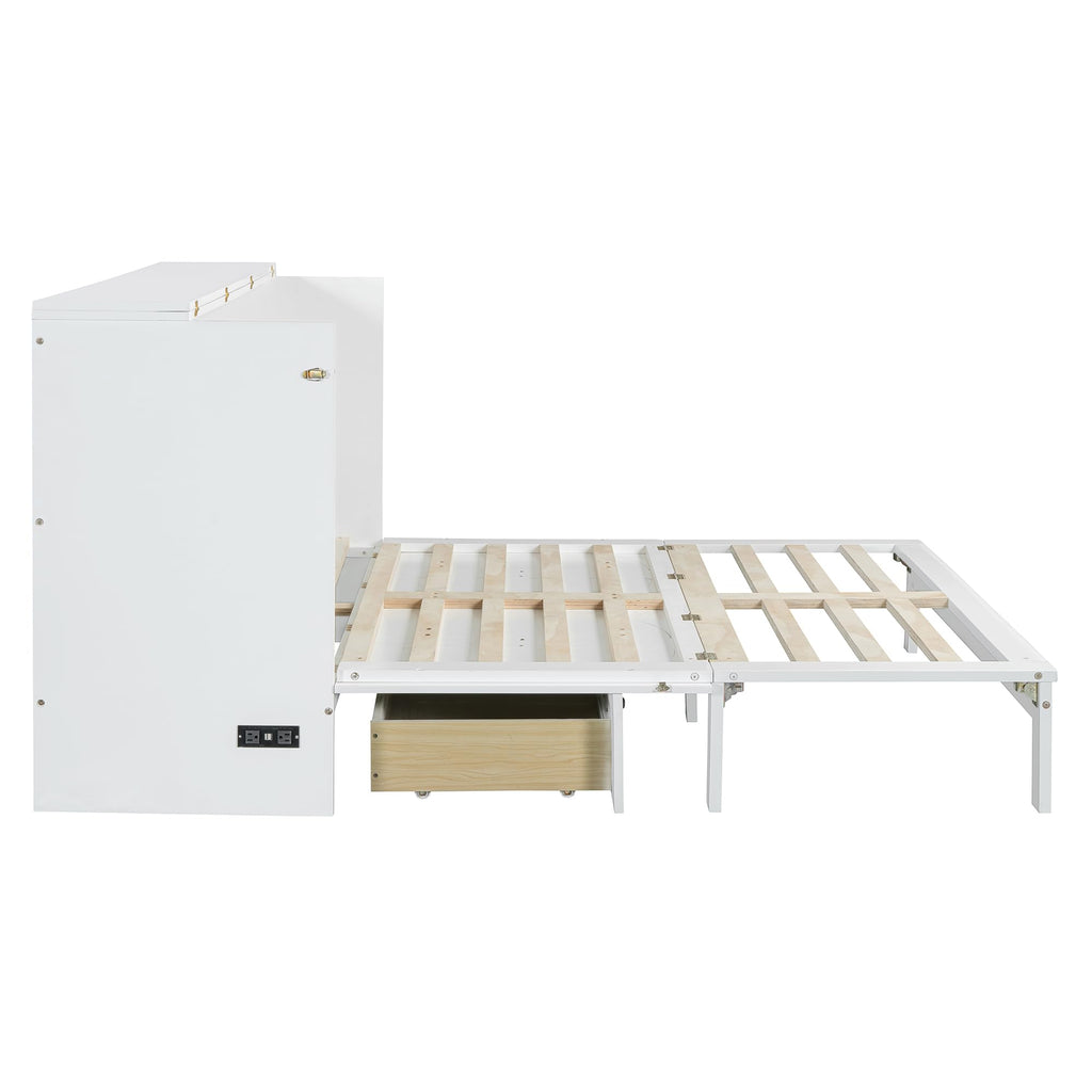 Merax Queen Size Murphy Bed Cabinet with Charging Station and Large Storage Drawer, Foldable Pull Out Murphy Chest Bed for Apartments, Bedrooms, Studio, No Spring Box Needed, White