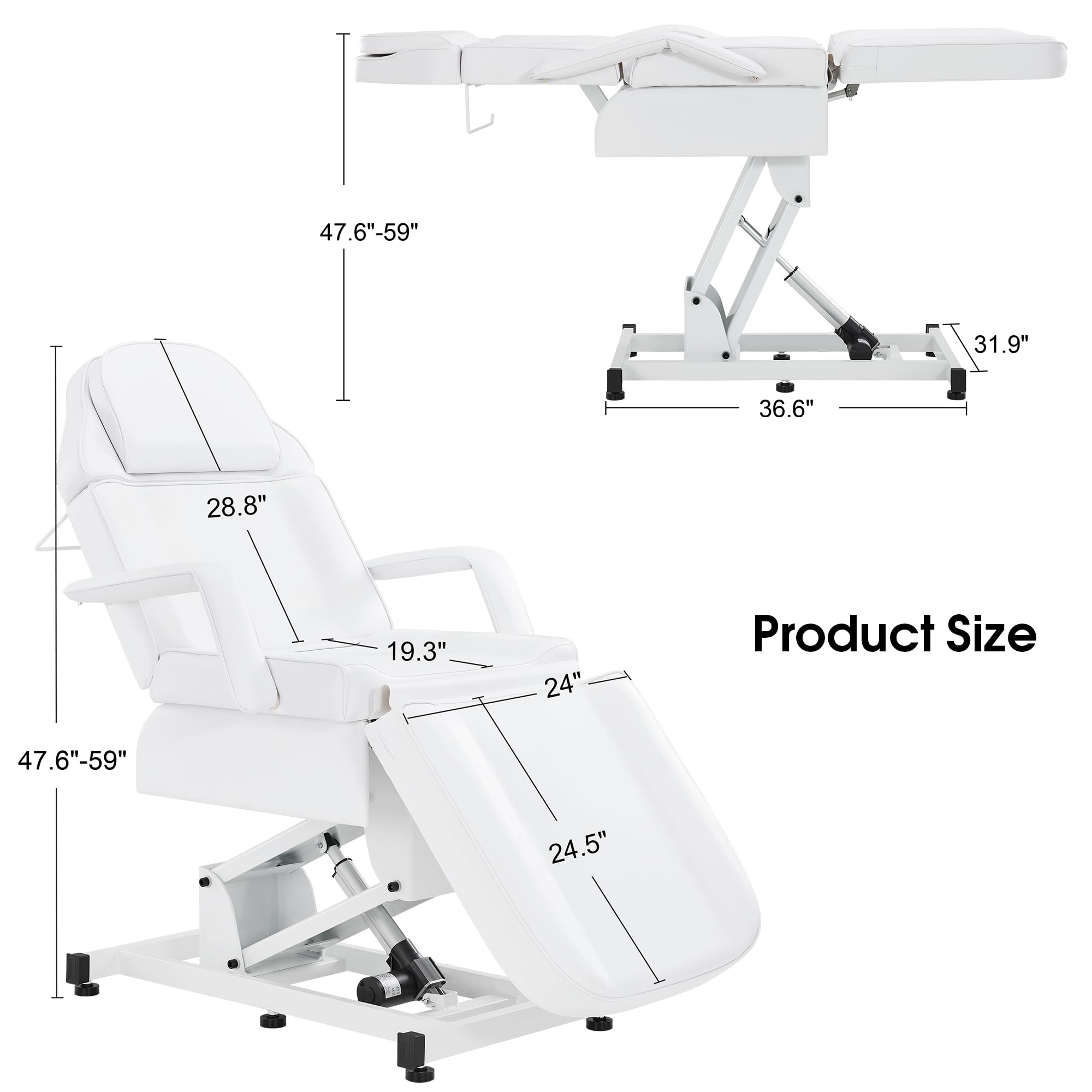 BarberPub Fully Electric Facial Bed with 3 Motor for Esthetician, Tattoo Chair for Client, Massage Bed for Esthetician, Electric Adjustment 2751 (White)