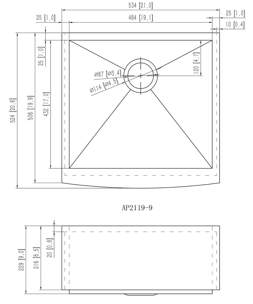 Alpha Sinks 21" Apron Front Farmhouse Sink - Stainless Steel, Single Bowl, 16-Gauge T304, Curved Apron Design - Premium Construct, Fast Drainage, Non-Toxic, Soundproof - Ideal for Modern Kitchens