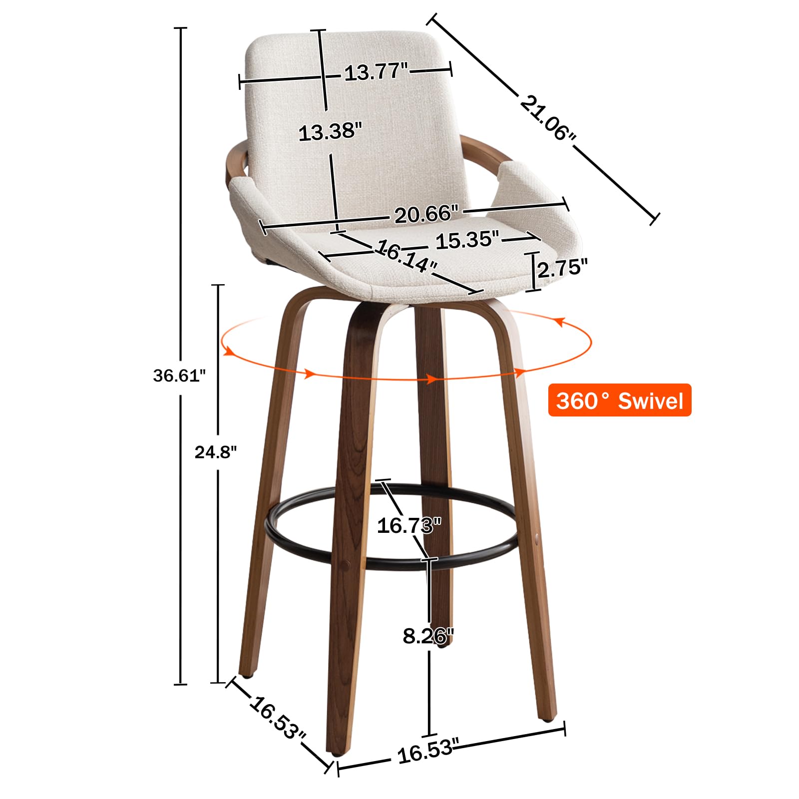 LUNLING 25.6" Counter Height Barstools Set of 3 Mid Century Modern Retro Bar Chairs Charcoal Beige Linen Look Fabric Upholstered and Walnut Wood Frame for Home Bar Furniture,Beige,3PCS