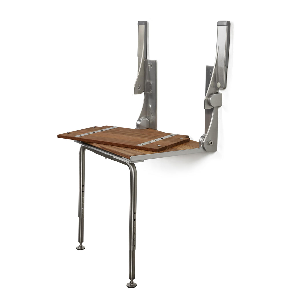 Silhouette Comfort Plus Folding Shower Seat with Armrests & Legs – Heavy-Duty Wall-Mounted Shower Bench, Teak Wood Seat with Silver Frame