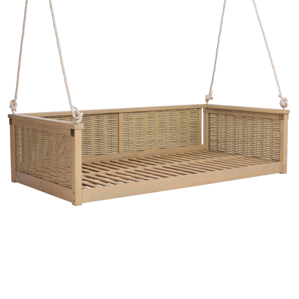 Outdoor Twin Size Porch Swing Bed w/Solid Wood Frame for Garden, All Weather Wooden Swing Bench w/Hand Woven Rattan Backrest & Armrest for Patio, Deck, Balcony, Backyard (Light Teak)