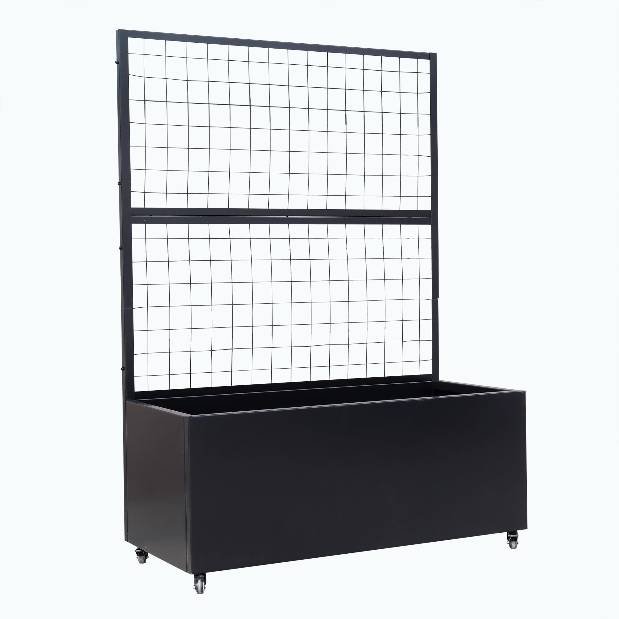 Metal Rolling Planter Box with Lattice Trellis – Modern COR-Ten Steel Trough on Casters | 66” x 46” x 21” (Black)
