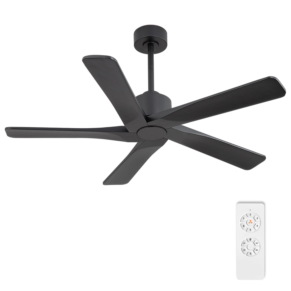 WINGBO 48" DC Ceiling Fan No Light - 5 Carved Solid Wood Blades, 6-Speed Reversible DC Motor, Ceiling Fan without Lights for Living Room Bedroom Kitchen Patio, Indoor and Outdoor, Matte Black