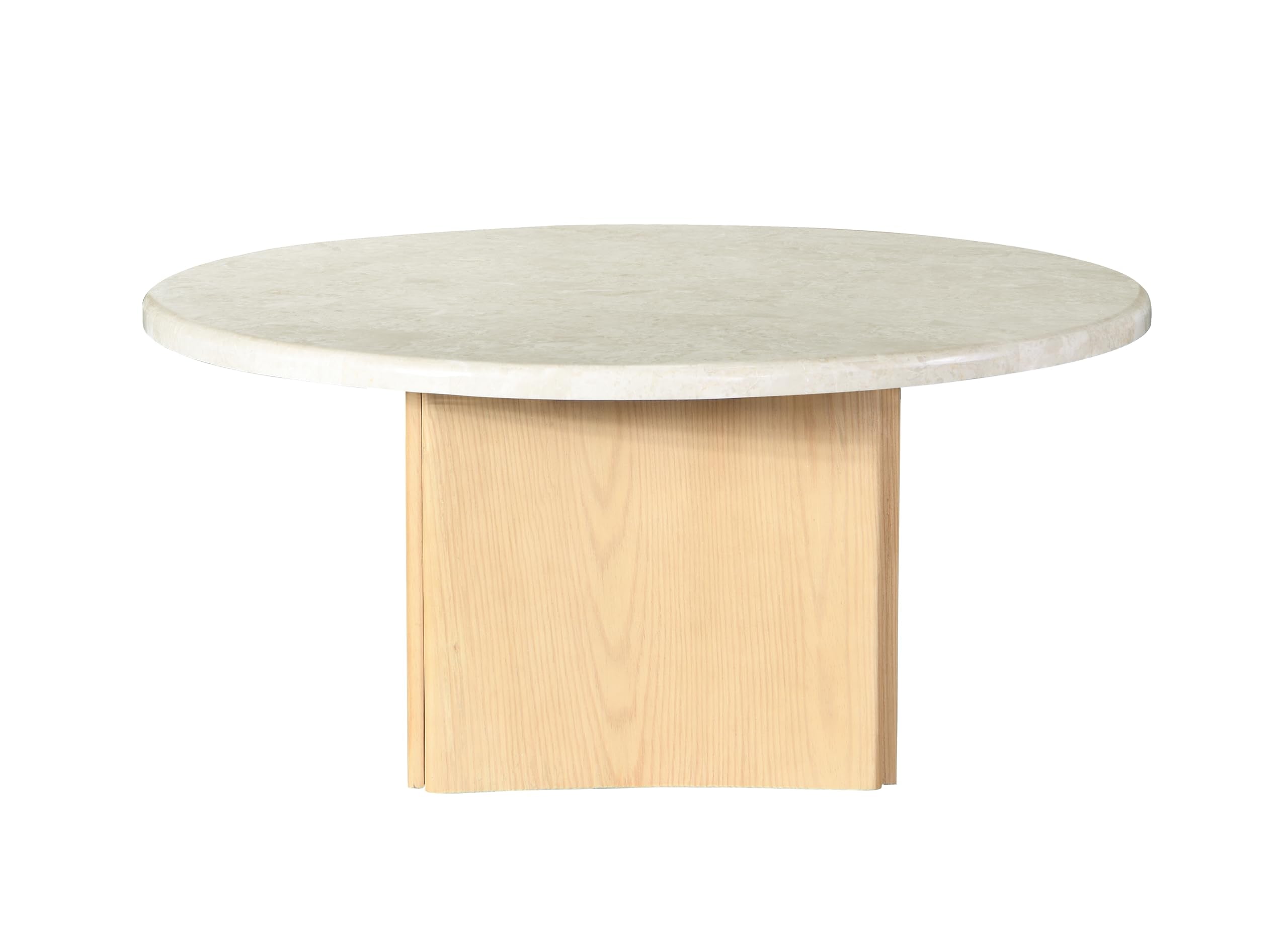 Acme Qwin Marble and Wood Round Coffee Table with Curved Base in Natural Oak
