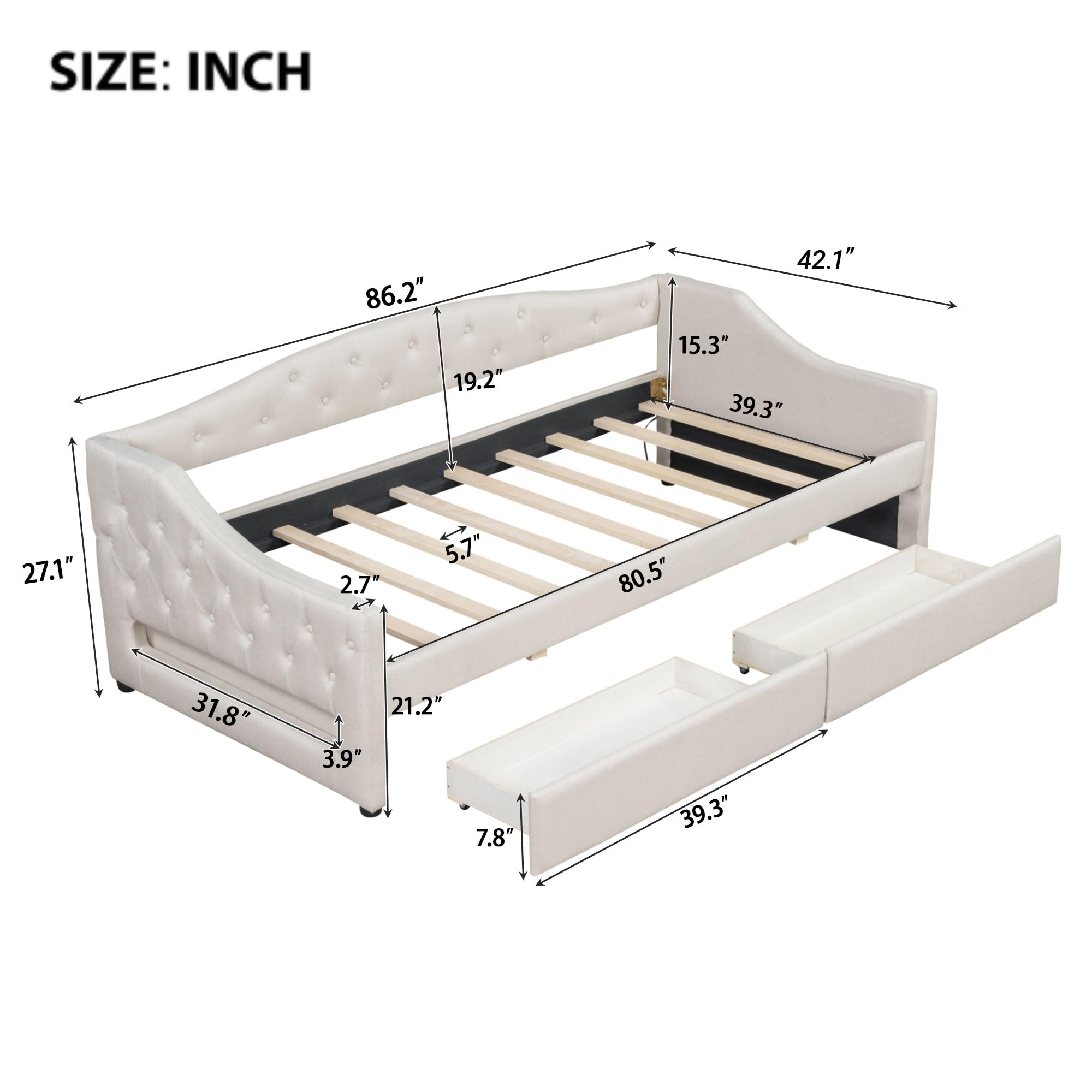 Ball & Cast Twin XL Size Daybed with Storage Drawers and LED Light, Linen Upholstered Day Bed Frame with Solid Wood Slats for Guest Room,Apartment,No Spring Box Needed, Easy Assembly,Beige