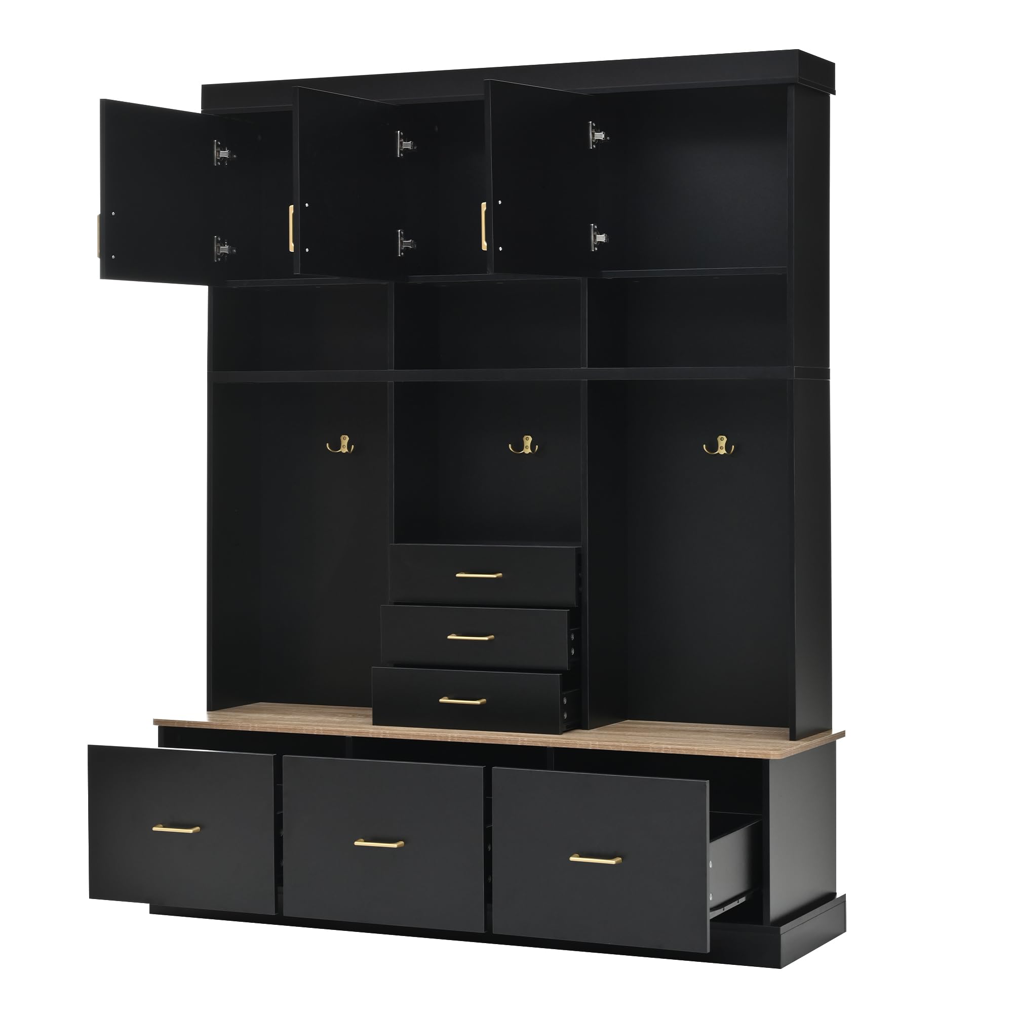 Merax 5-in-1 Hall Tree with Bench and Storage, Modern with Coat Rack, 6 Drawers, 3 Cabinets and 3-Tier Top Storage for Hallway, Entryway, Living Room, Black