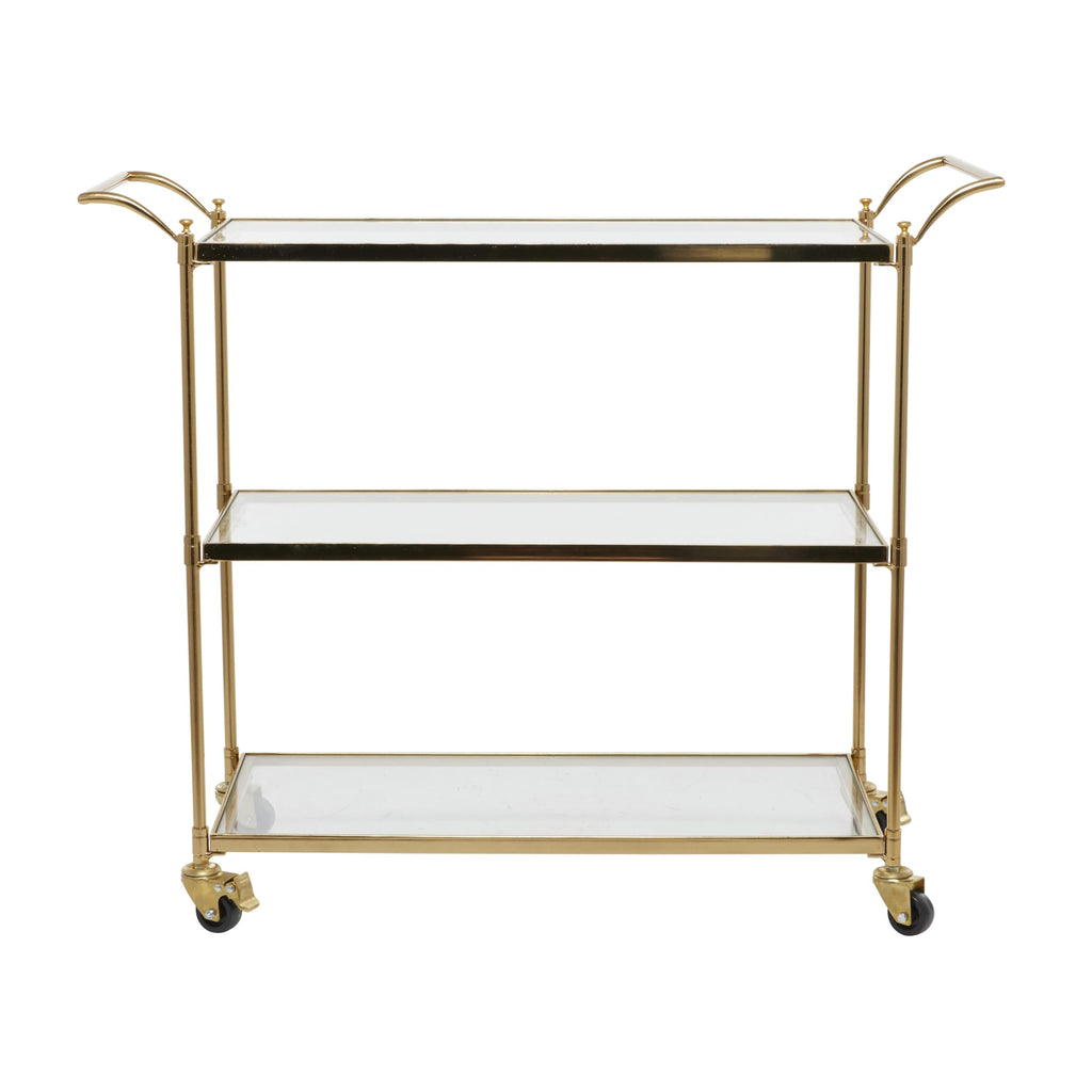 Deco 79 Metal Rolling 3 Glass Shelves Bar Cart with Lockable Wheels, 38" x 14" x 31", Brass