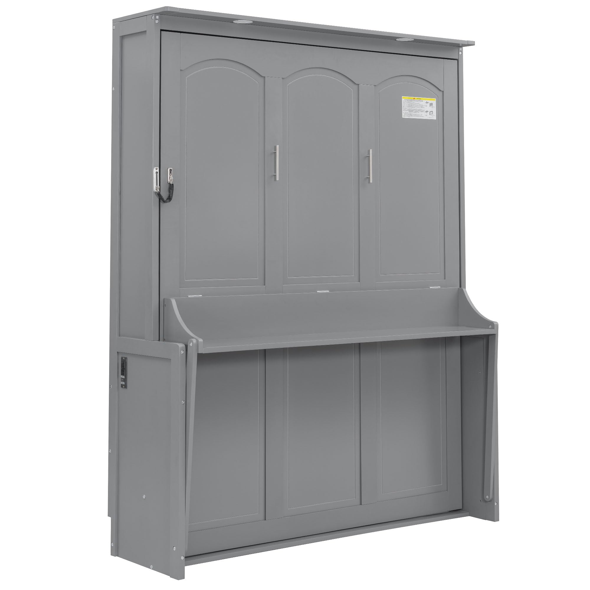 Ball & Cast Queen Size Murphy Bed with Desk,Hideaway Beds w/LED Lights and USB Charging Station,Wood Wall Cabinets Bedframe,Slat Support,Dual Piston Metal Folding Mechanism Designed,Gray