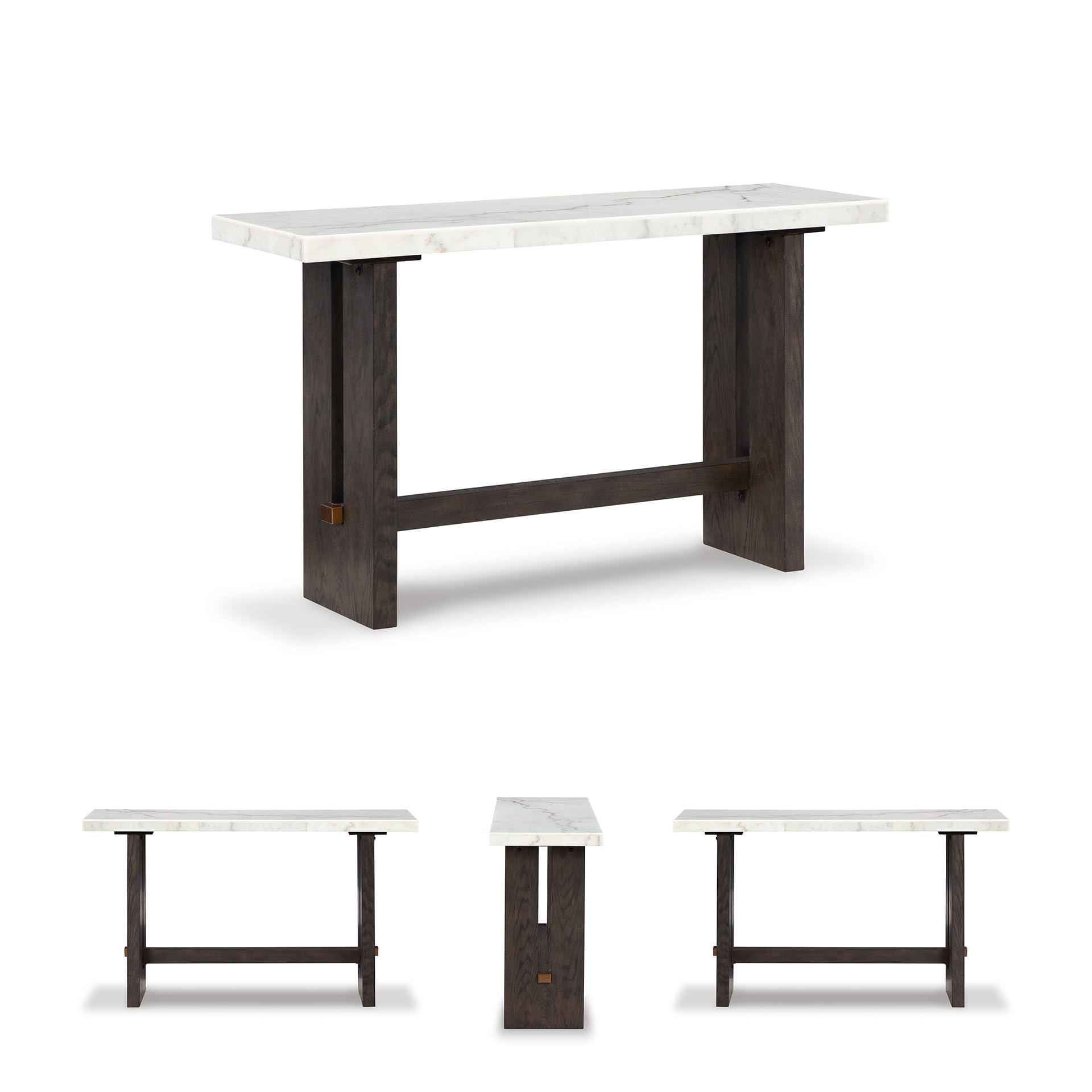 Signature Design by Ashley Burkhaus Traditional Rectangular Sofa Table with Marble Tabletop, Dark Brown & White