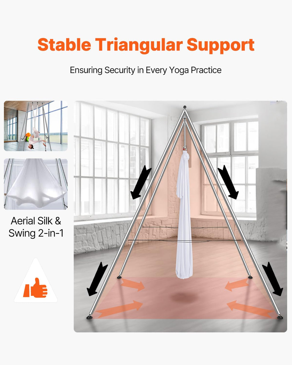 VEVOR Aerial Yoga Frame & Hammock Set, 9.67ft Yoga Swing Frame with 6.6-Yard Nylon Hammock, Heavy-Duty Premium Stand, 551.15 lbs Max Capacity Rig, for Indoor & Outdoor Aerial Fitness Training (White)