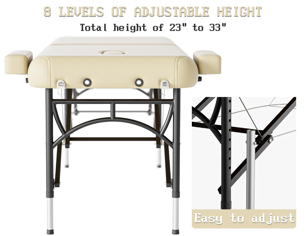 DOVANS Professional Massage Table Portable 2 Fold Premium Memory Foam Aluminium Leg Hold Up to 1100LBS 8 Heights Adjustable with Carrying Bag Cream