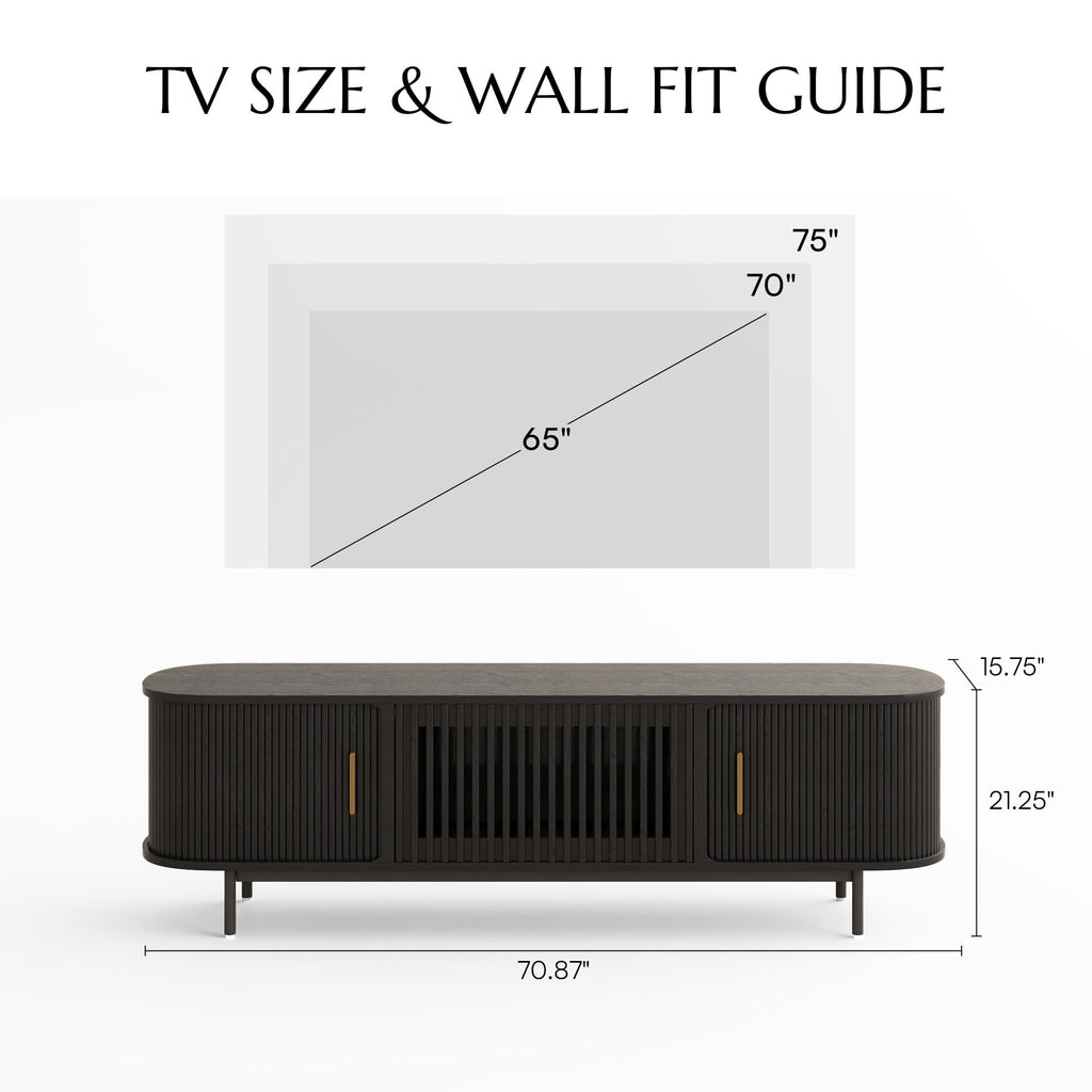 POVISON Fully-Assembled Mid Century Modern TV Stand for 65 inch TV, Sliding Door Entertainment Center with Storage, Wood TV Console, Media Console for Living Room Bedroom(Black, 70.87")