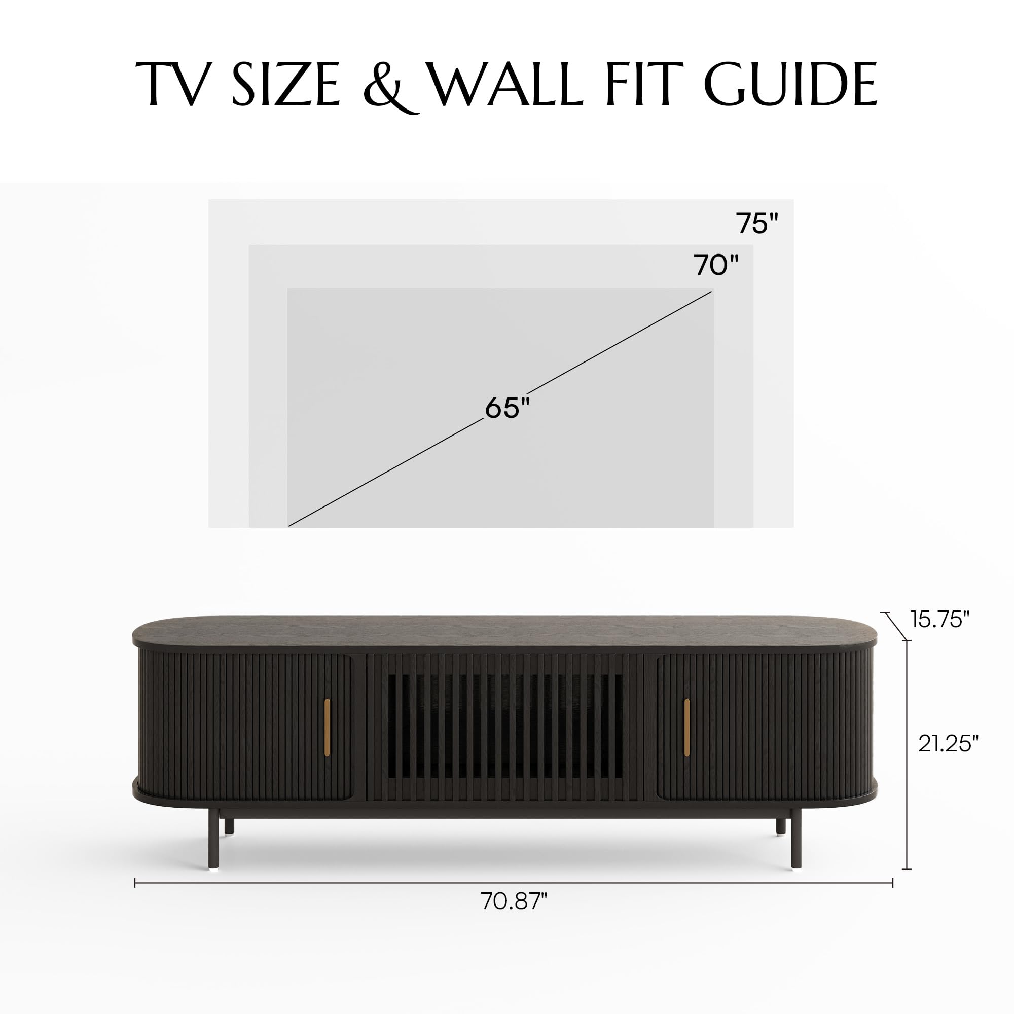 POVISON Fully-Assembled Mid Century Modern TV Stand for 65 inch TV, Sliding Door Entertainment Center with Storage, Wood TV Console, Media Console for Living Room Bedroom(Black, 70.87")