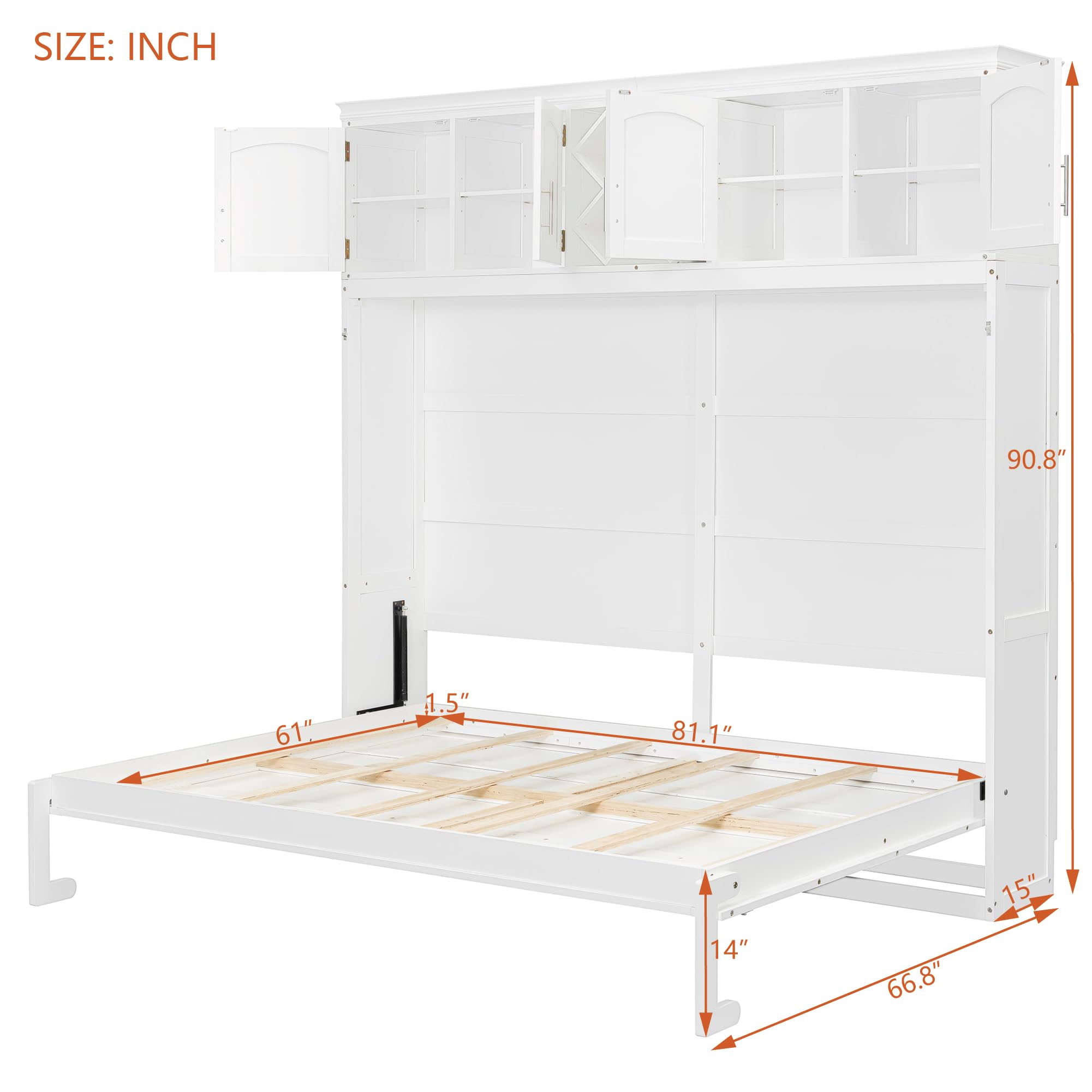 Murphy Bed Queen Size,Murphy Bed with Top Cabinets & Wine Rack,Space-Saving Hideaway Wall Foldable Bed w/Dual Piston Metal Folding Mechanism,Bedroom Folding Bedframe for Guest Room,White