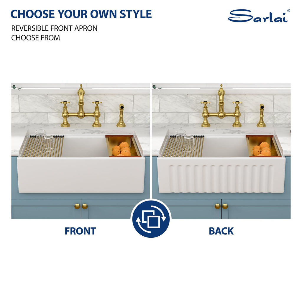 Sarlai White Farmhouse Sink - 33 Inch Farm Kitchen Sink Undermount Workstation Apron Front Reversible Ceramic Fireclay Single Bowl Farmer Sinks Basin 33 x 20 Inch With Gold Accessories
