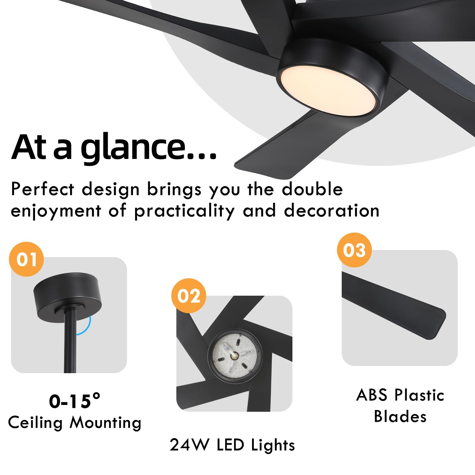 WINGBO 64" ABS DC Ceiling Fan with Lights, 5 Blade ABS Plastic Ceiling Fan with Remote, 6-Speed Reversible DC Motor, LED Ceiling Fans for Kitchen Bedroom Living Room, Matte Black