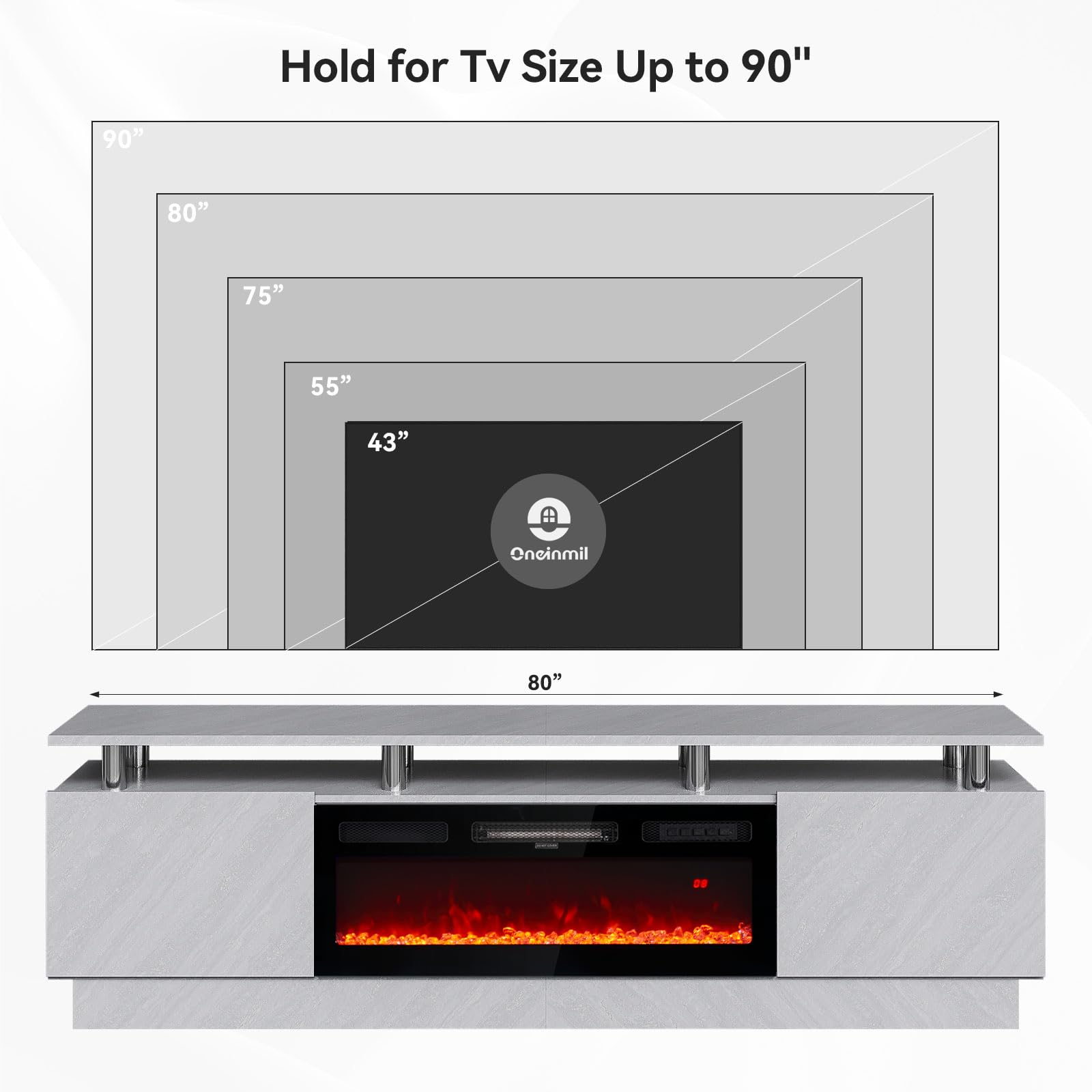 oneinmil Fireplace TV Stand with 36” Electric Fireplace, 2 Tier TV Console Stand for TVs Up to 90"", LED Light Entertainment Center, Fireplace for The Living Room TV Stand, Black, 80''