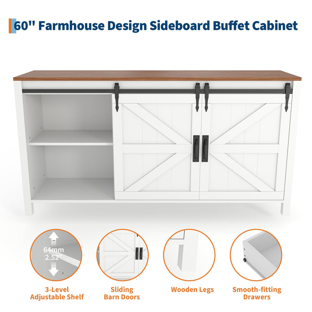Garvee Farmhouse Sideboard Buffet Cabinet with Sliding Barn Doors & 4 Drawers, 60" Rustic Wood Kitchen Coffee Bar Storage Cabinet for Dining Room Living Room, TV Stand & Console Table